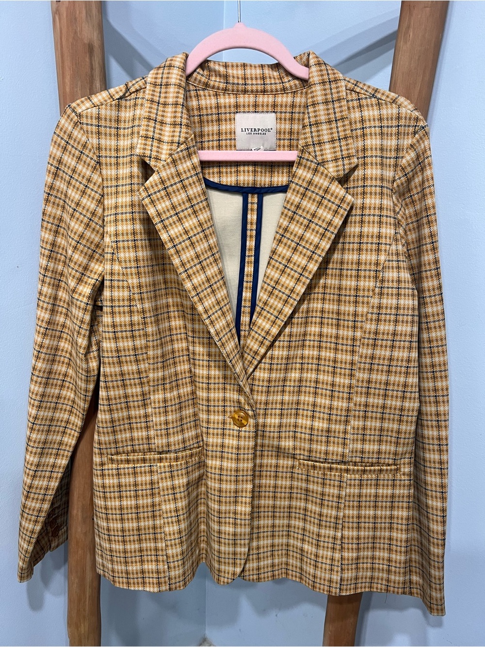 Liverpool Los Angeles Plaid Stretch Blazer Jacket Mustard Navy M
